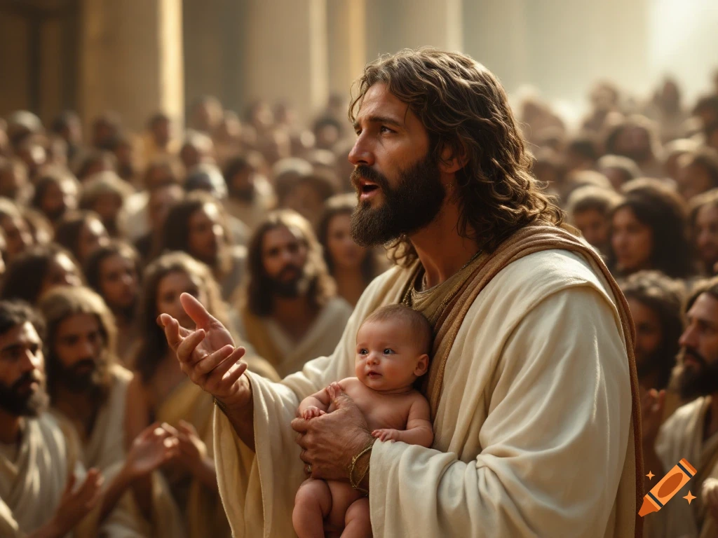 Photorealistic image of a man resembling Jesus speaking to a crowd while holding a baby.