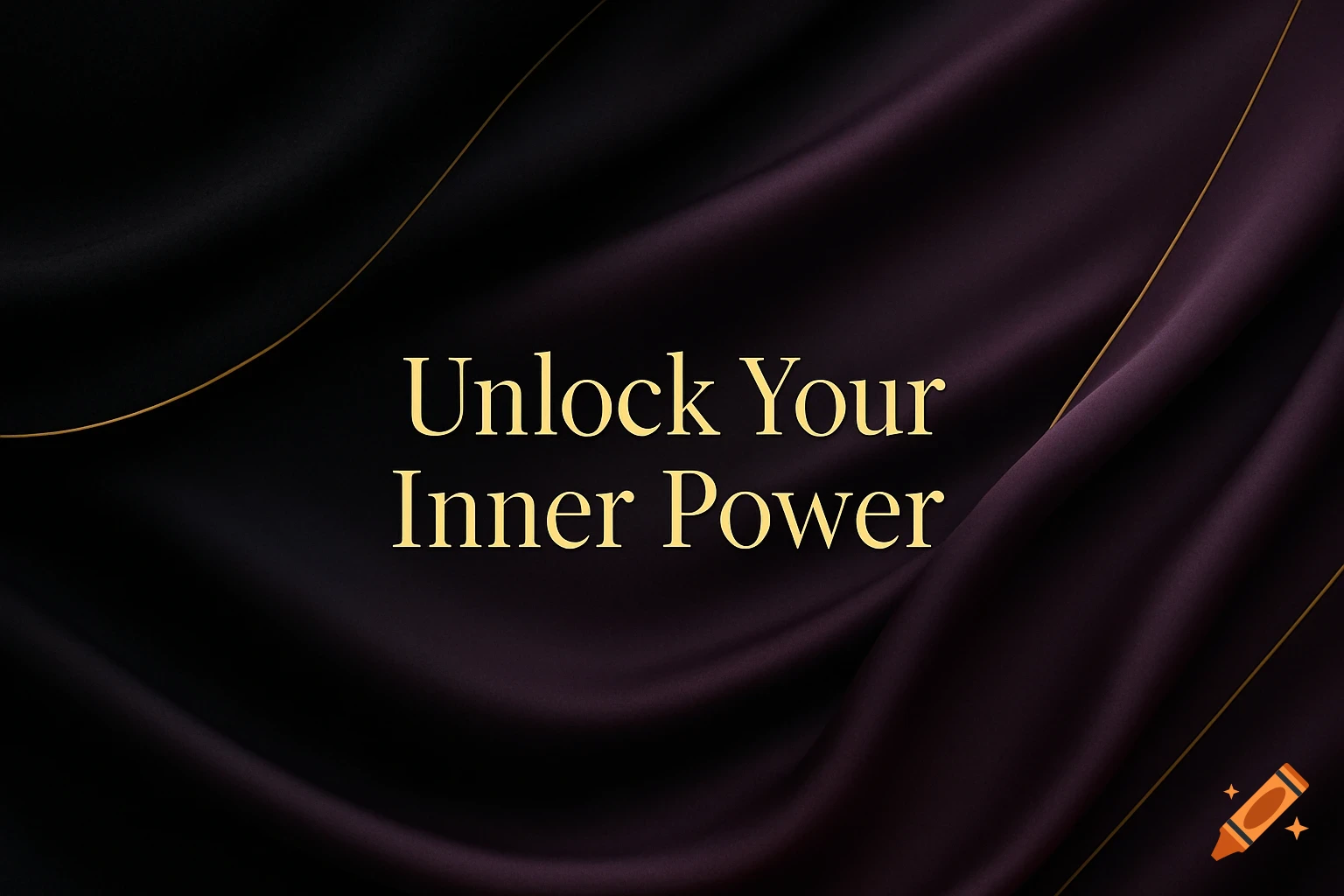 Gold text 'Unlock Your Inner Power' on a dark purple and black draped fabric background with gold lines.