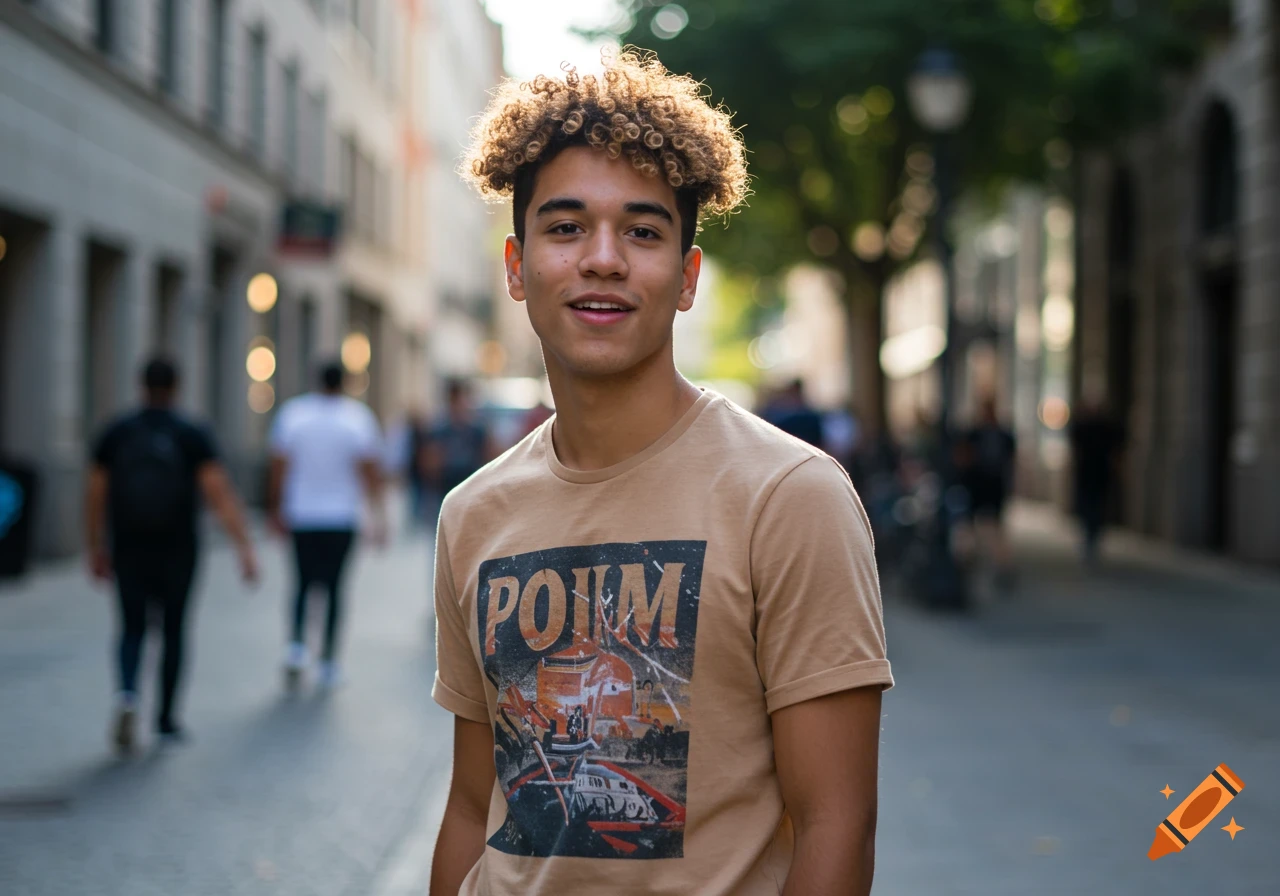 A young man with curly hair smiles while standing on a city street, wearing a beige t-shirt with a graphic design.