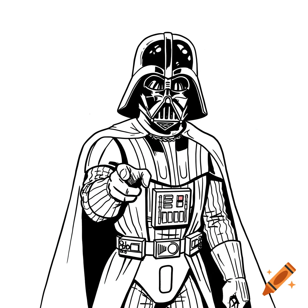 A black and white line art illustration of Darth Vader pointing directly forward.