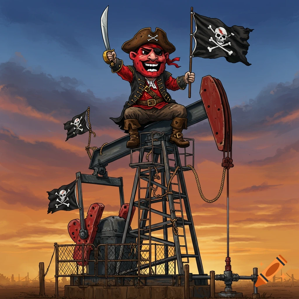 A cartoon pirate with a red face and a sword sits atop an oil pump jack, waving a black pirate flag at sunset.