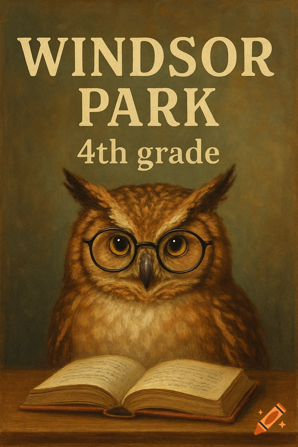 A wise, bespectacled owl sits at a desk with an open book, under the text 'WINDSOR PARK 4th grade'.