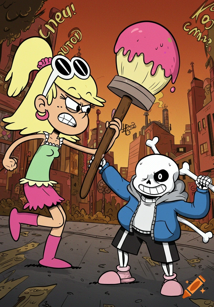 Cartoon of Leni Loud and Sans battling in a city street, Leni wields a giant brush while Sans holds bones.