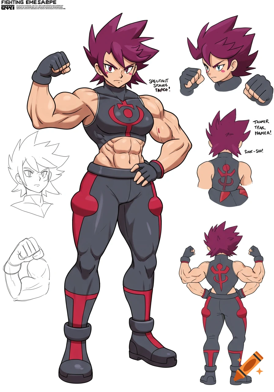 Anime-style model sheet of a muscular female Pokémon Gym Leader with purple hair, flexing her arm.