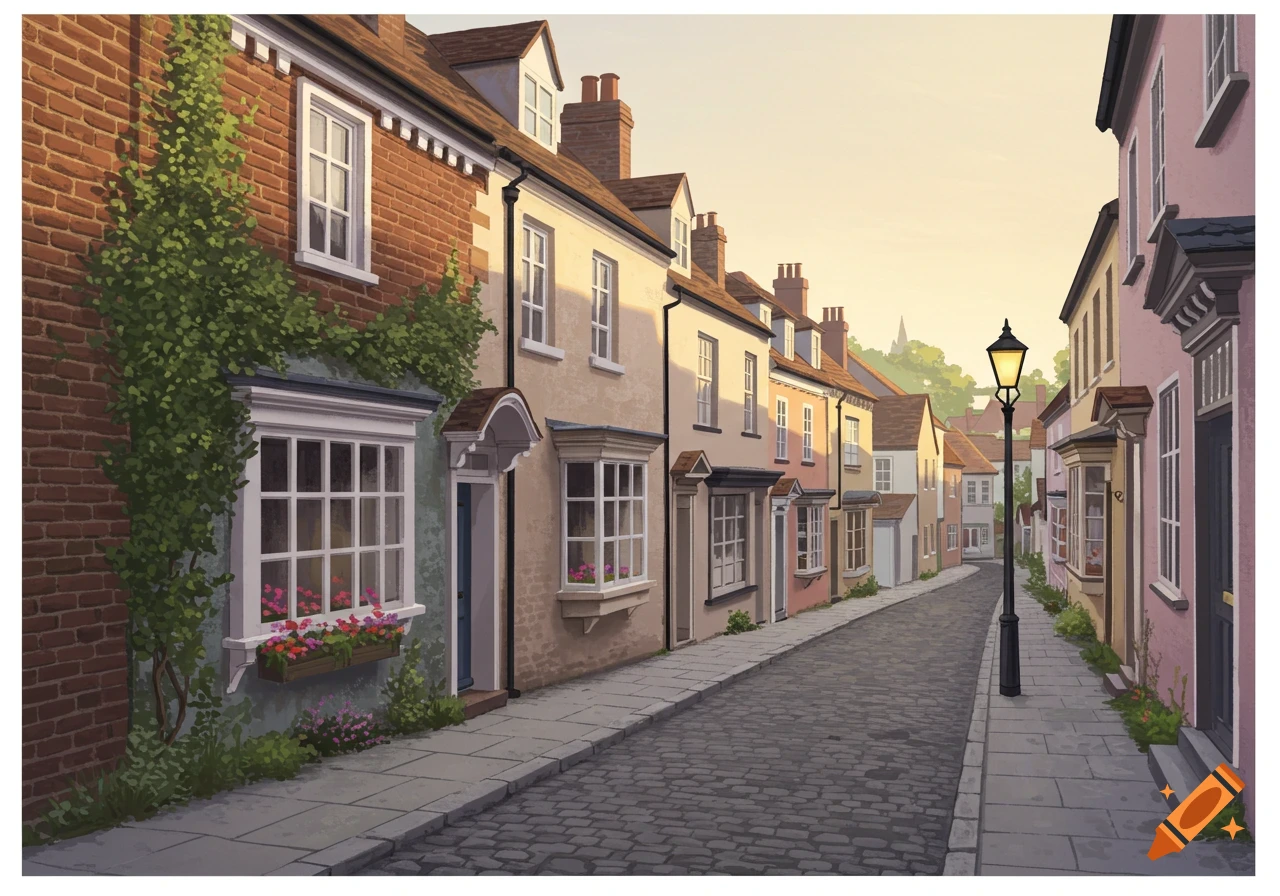 A charming, narrow cobblestone street lined with colorful British-style houses and a lamppost under soft evening light.