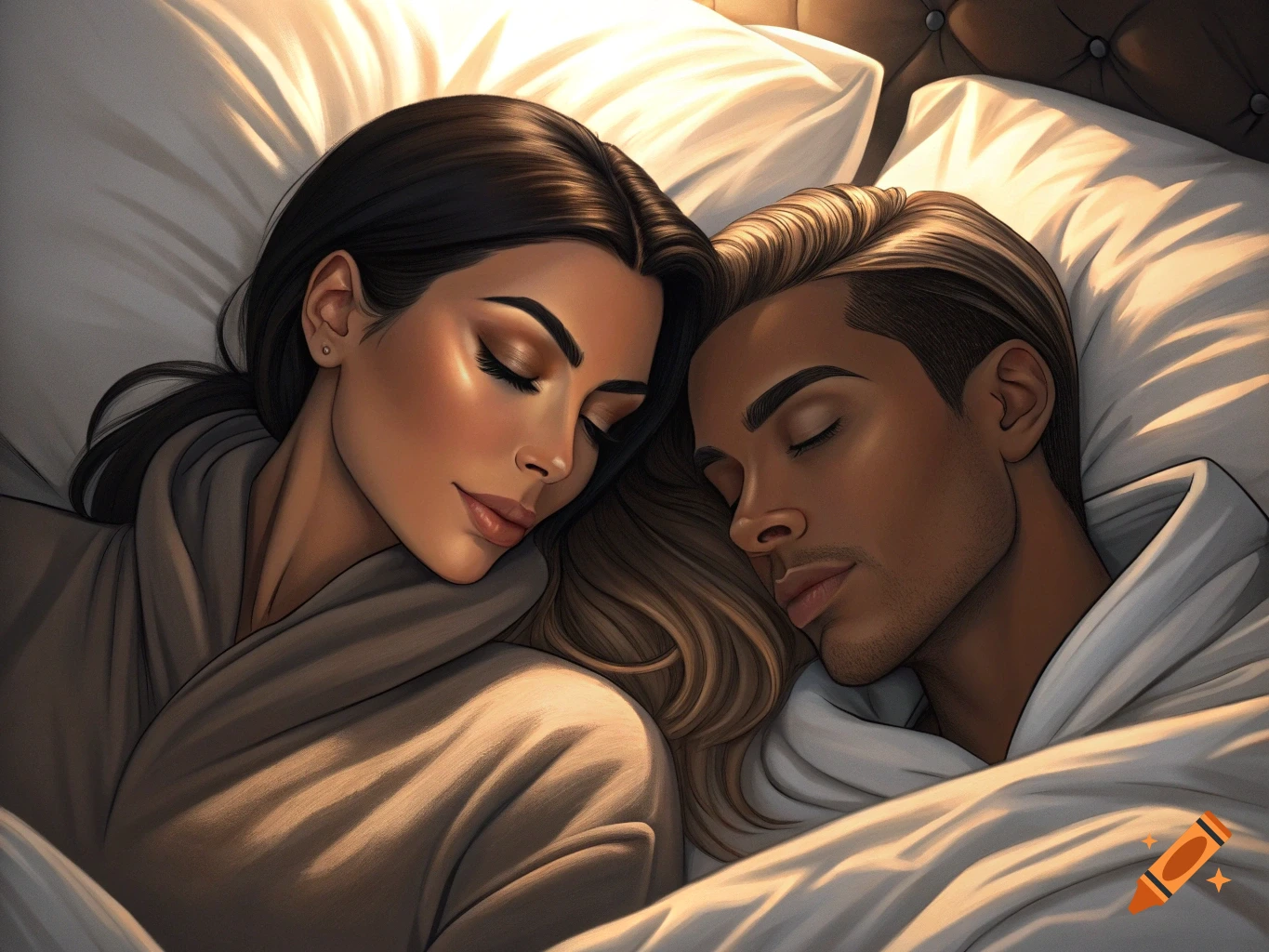 An illustrated man and woman sleeping peacefully in bed with warm light.