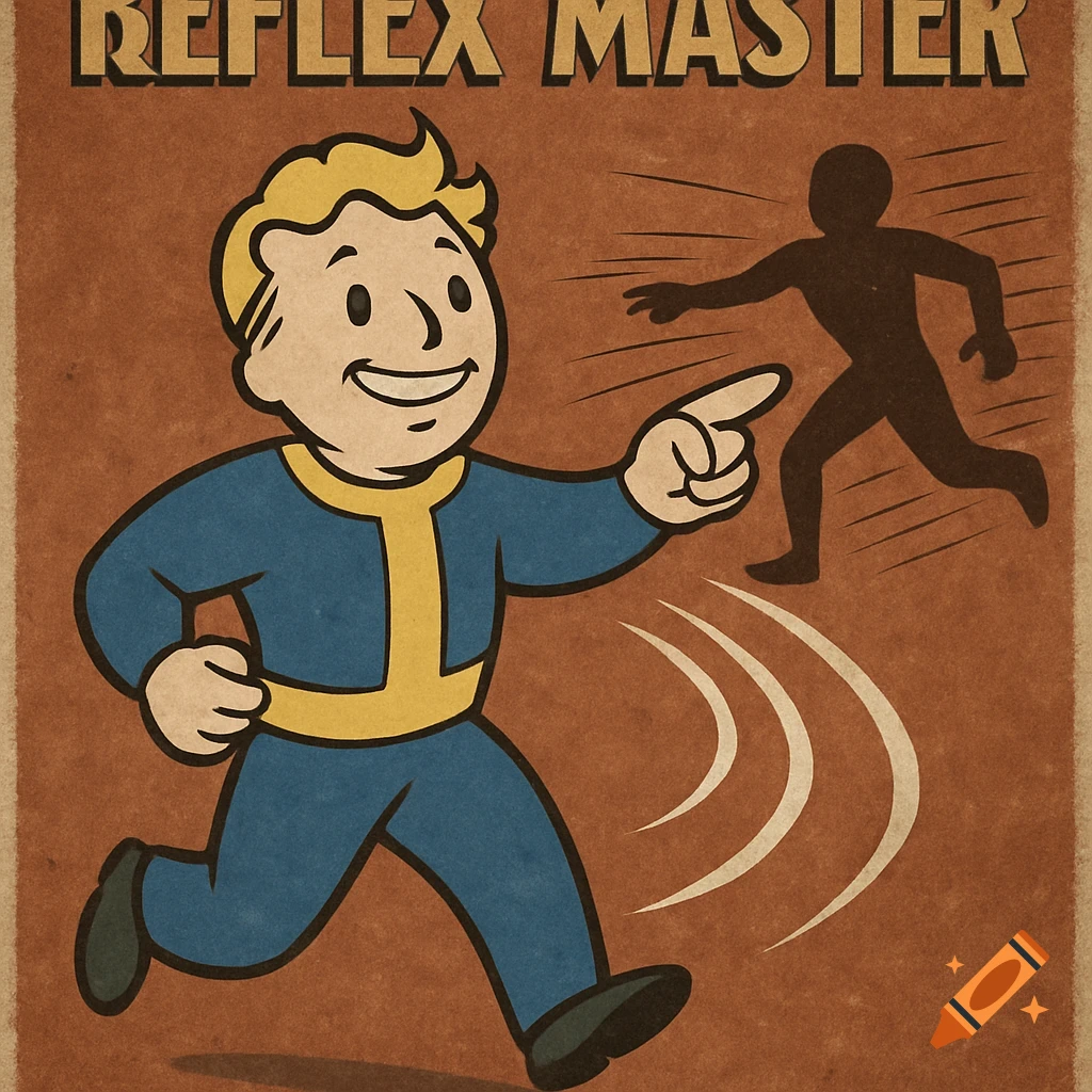 A cartoon character (Vault Boy) in a blue and yellow suit points at a running silhouette, on a vintage brown poster with "REFLEX MASTER" text.