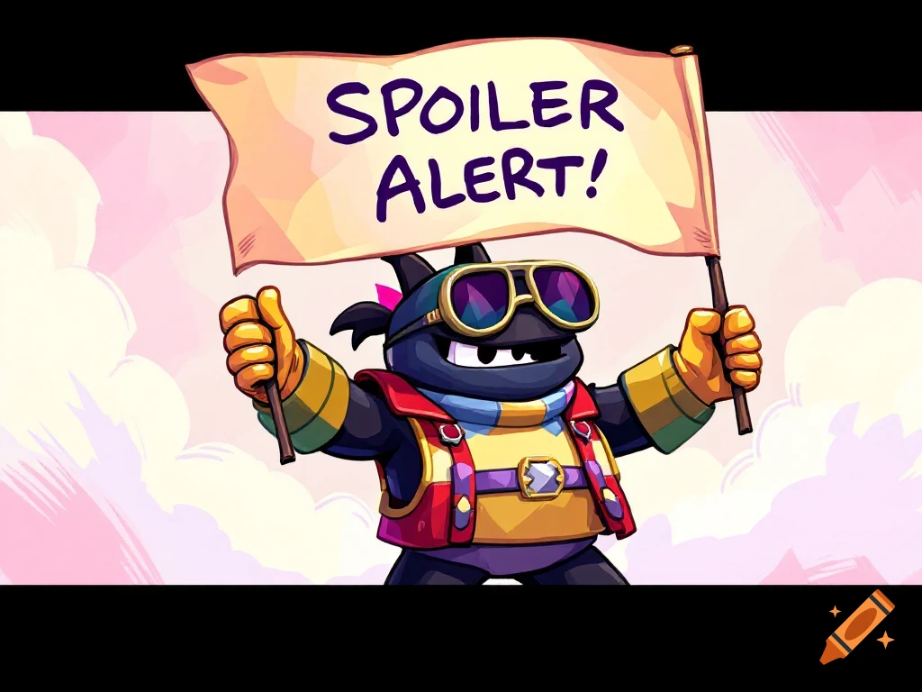 Cartoon character Diddy Kong wearing sunglasses and a vest, holding a flag that reads 'Spoiler Alert!' against a pink and purple sky.
