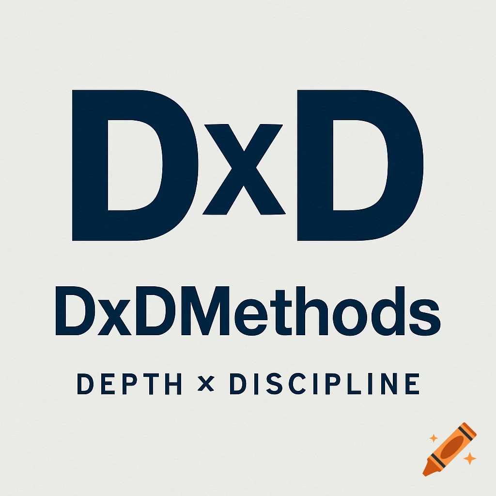 A minimalist logo with DxD in large letters, DxDMethods below it, and 'Depth x Discipline' at the bottom.