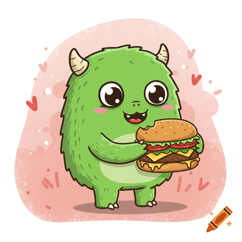 A cute green cartoon monster with horns and big eyes, smiling while holding and biting a large double-patty burger.