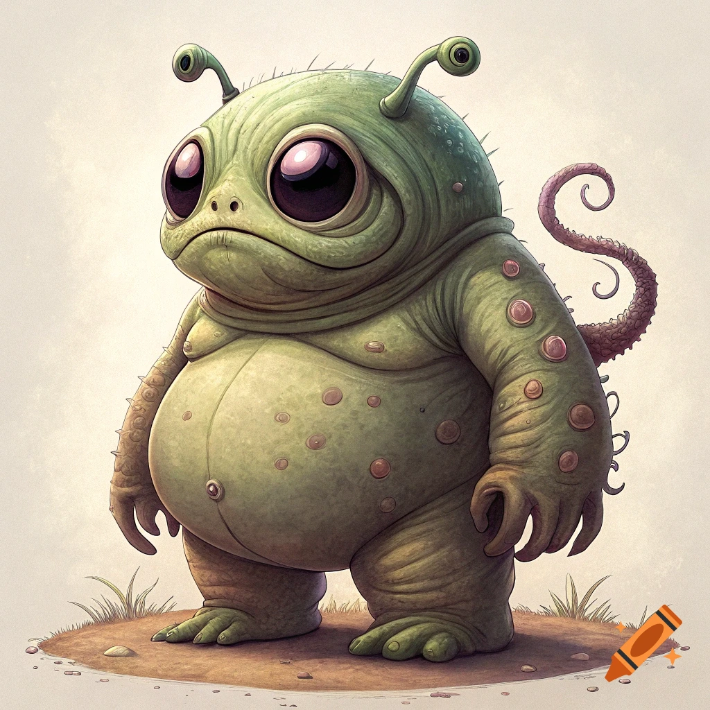 A cute, squat green alien with large purple eyes, antennae, and a curled tail stands on a patch of dirt.