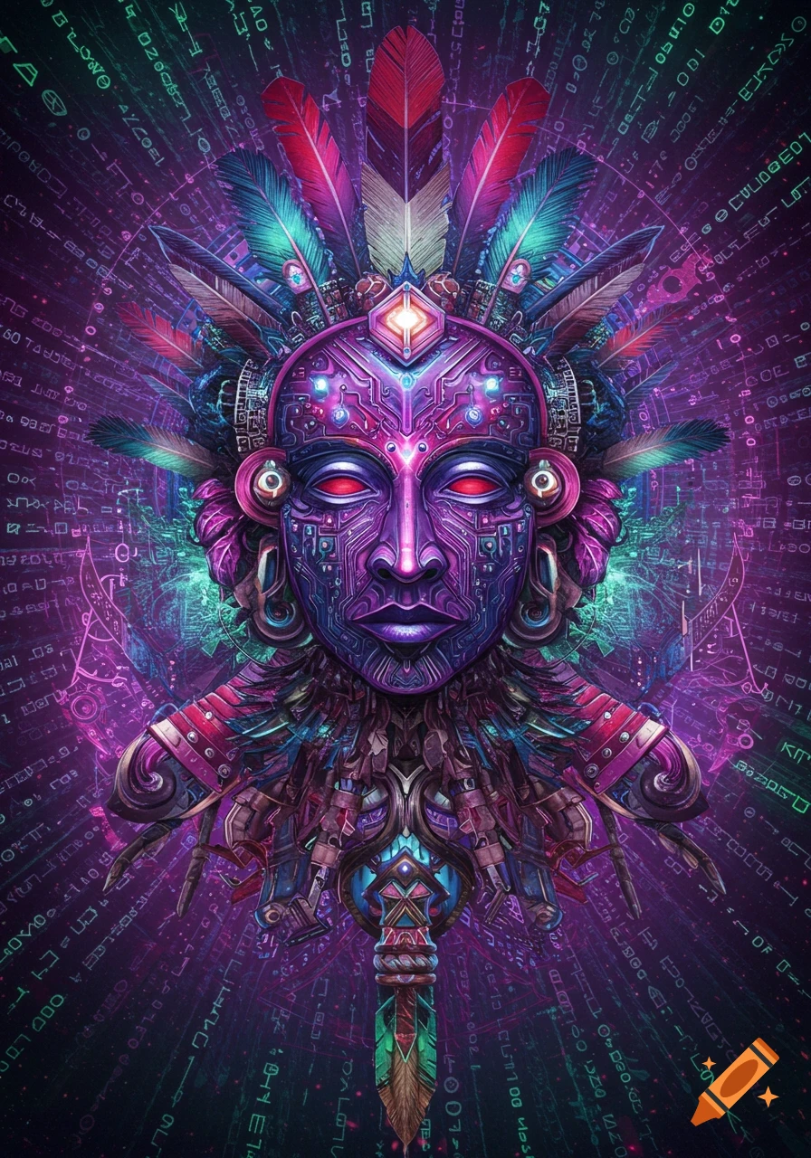 Vibrant, detailed digital art of a mask-like shaman headpiece with feathers and circuit patterns, glowing red eyes, against a purple background of abstract code.