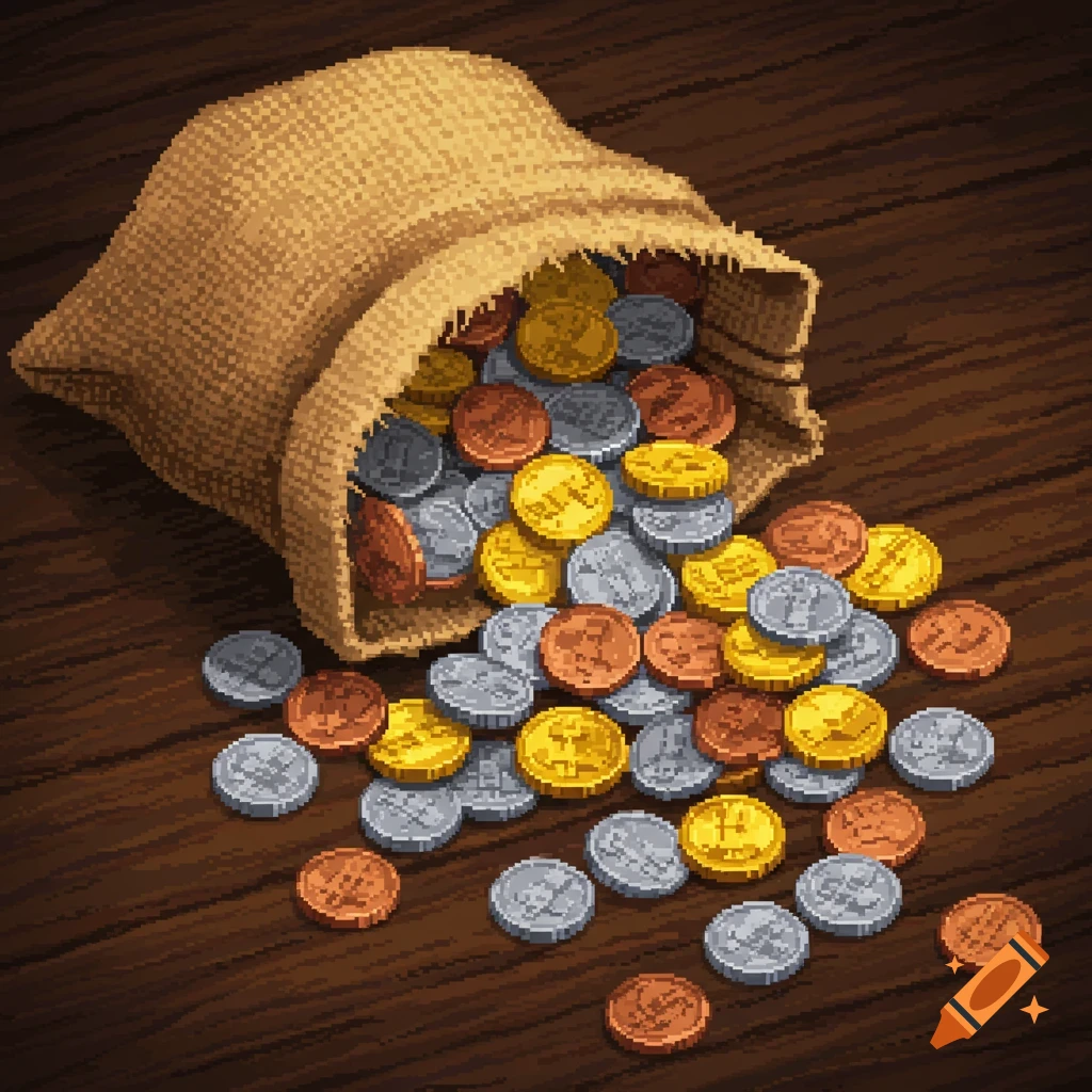 Pixel art of a brown sack spilling gold, silver, and copper coins onto a wooden table.