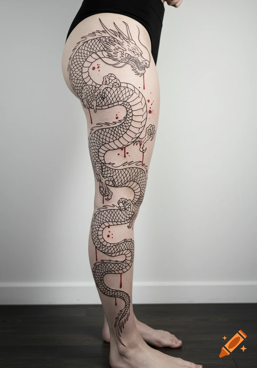 A photorealistic image of a woman's leg adorned with a full-length line art dragon tattoo featuring red blood drips.