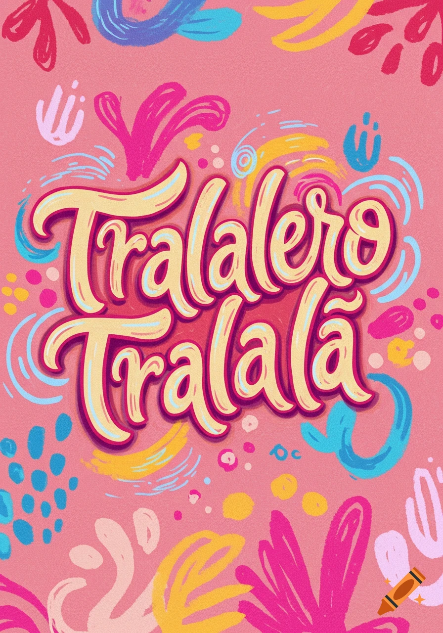 Colorful illustration with the phrase 'Tralalero Tralalá' in a bubbly yellow and pink font, surrounded by abstract shapes.