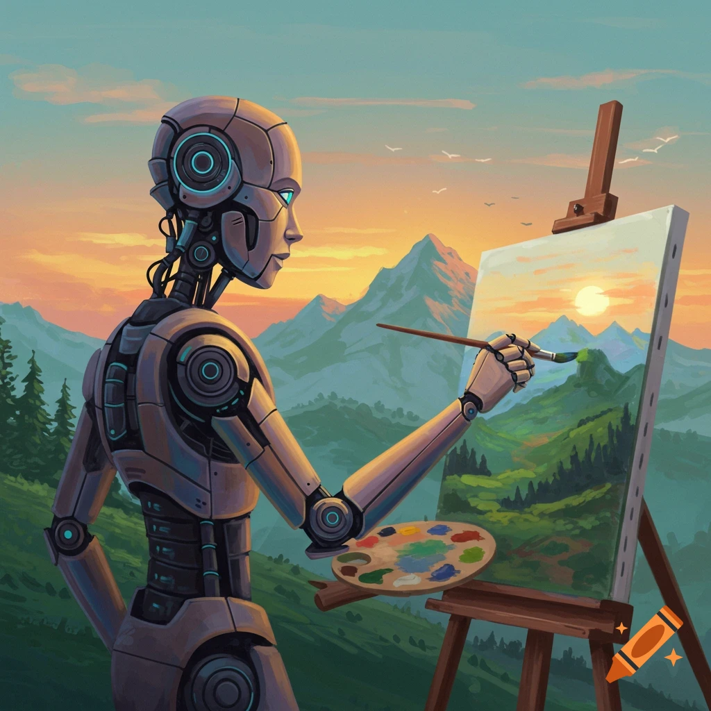 A robot paints a mountain landscape with a sunset on an easel, digital art.