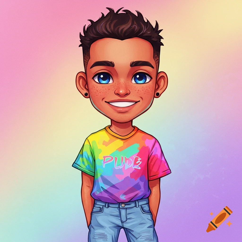 A cartoon boy with dark hair and freckles smiles, wearing a rainbow tie-dye shirt that says 'PRIDE' and light blue jeans, against a pastel gradient background.