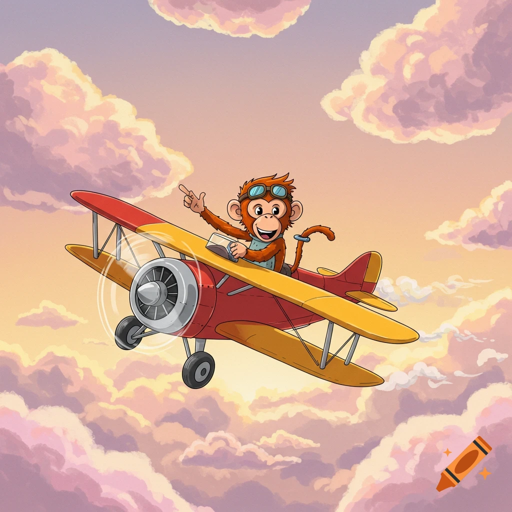 A happy cartoon monkey wearing goggles flies a red and yellow biplane through a cloudy sky at sunset.
