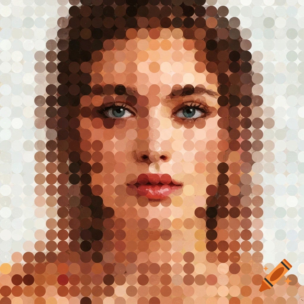 Close-up, abstract portrait of a woman made entirely of perfectly spaced, glossy circular paint dots.