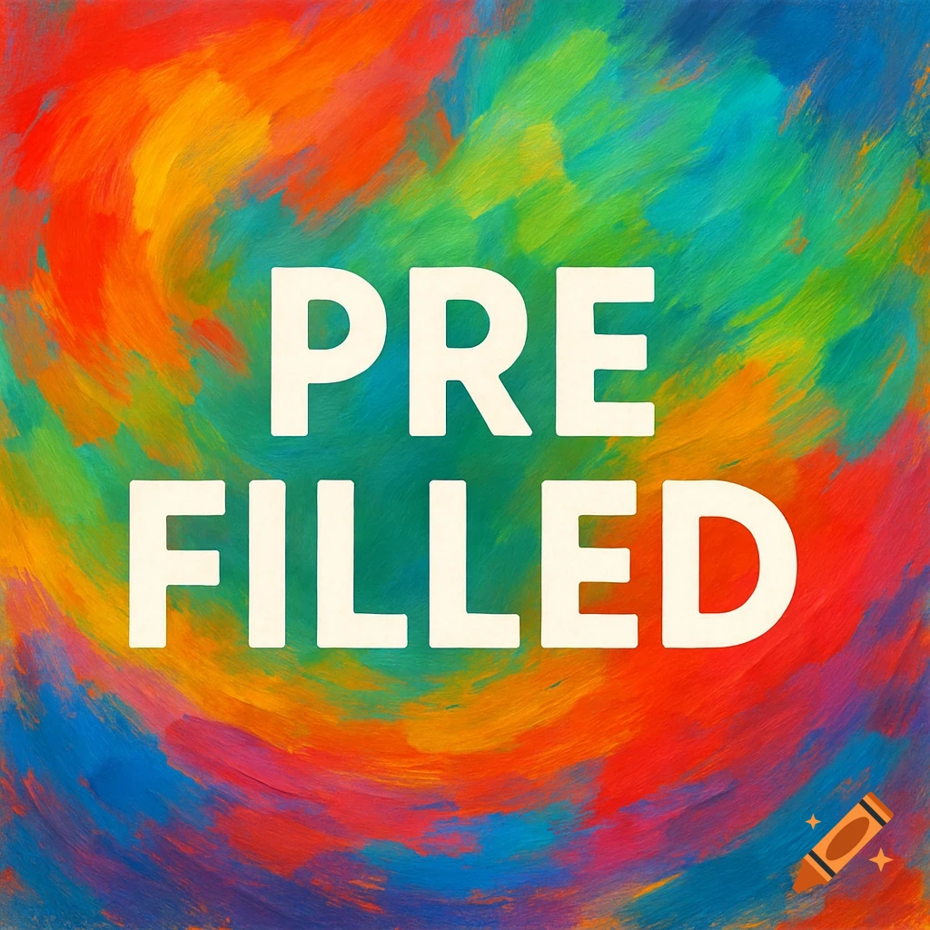 Colorful abstract painting with swirling brushstrokes and the words 'PRE FILLED' in white bold font in the center.