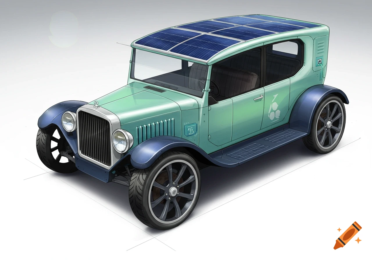 A light green and dark blue vintage-style car with solar panels on its roof, designed as a concept electric vehicle.