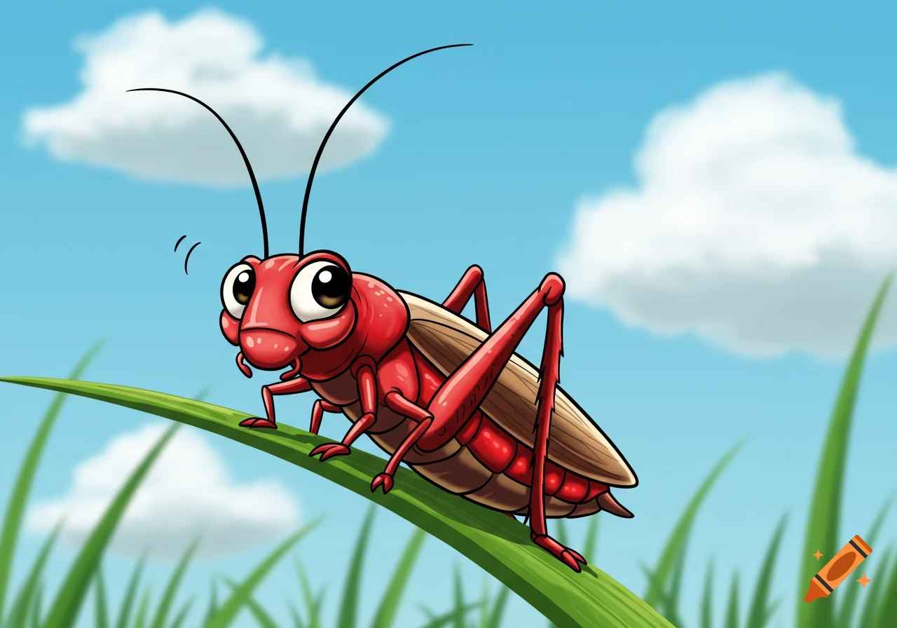 A vibrant red cartoon cricket with large eyes perched on a green blade of grass against a blue sky with clouds.