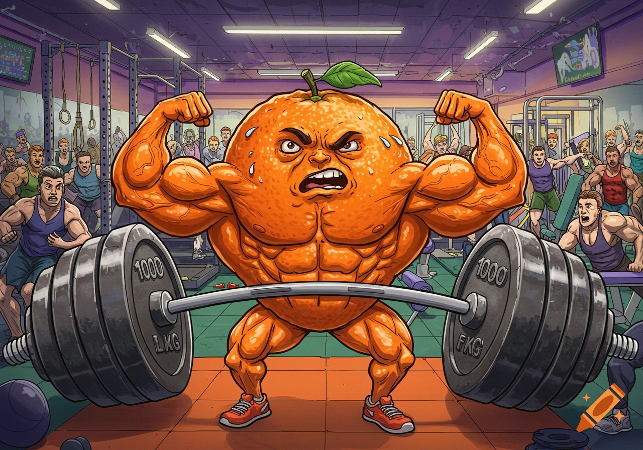 A muscular cartoon orange bodybuilder flexes while lifting a heavy barbell in a busy gym, with other gym-goers in the background.