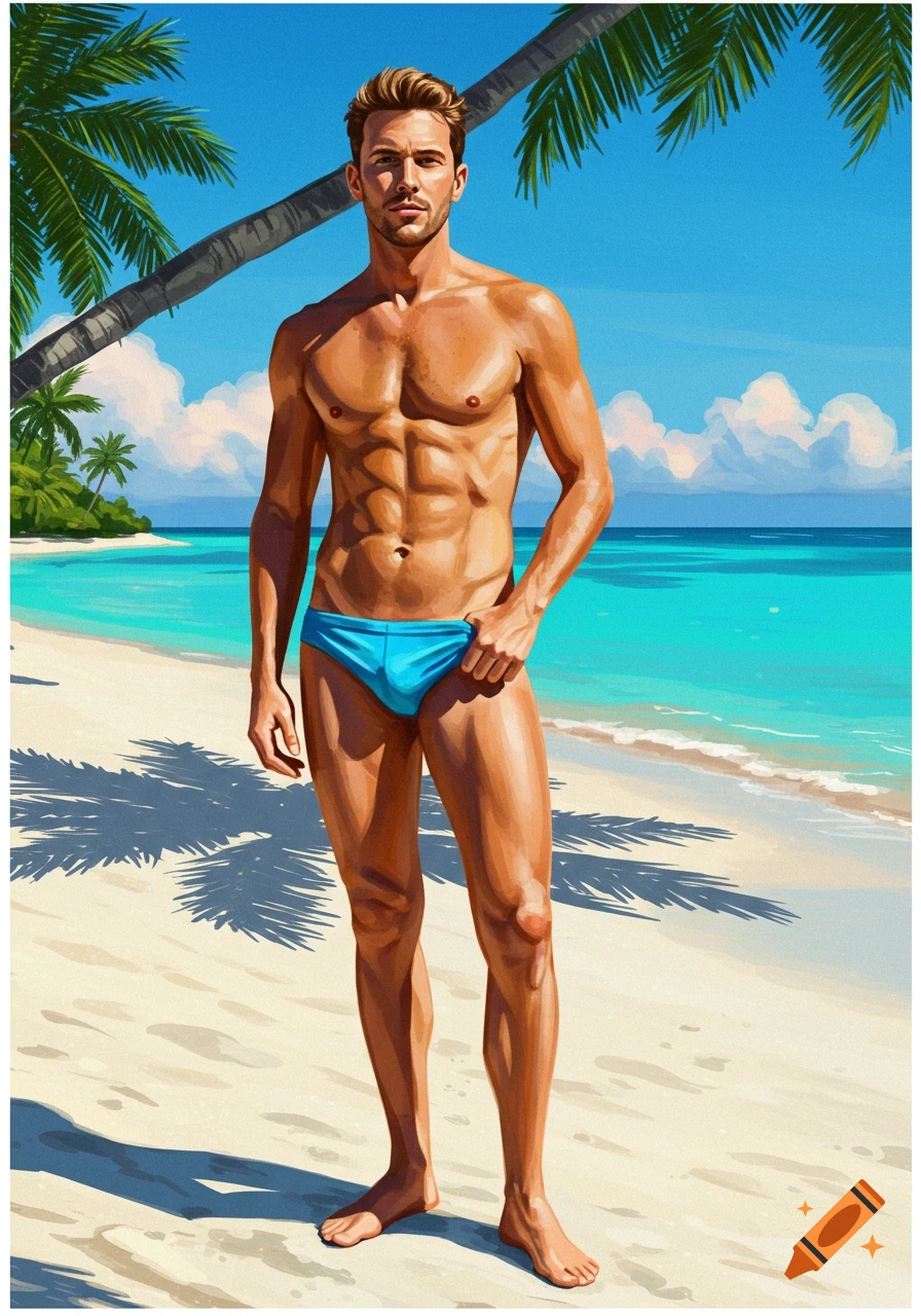 A muscular man in a blue speedo stands on a tropical beach with palm trees and turquoise water.