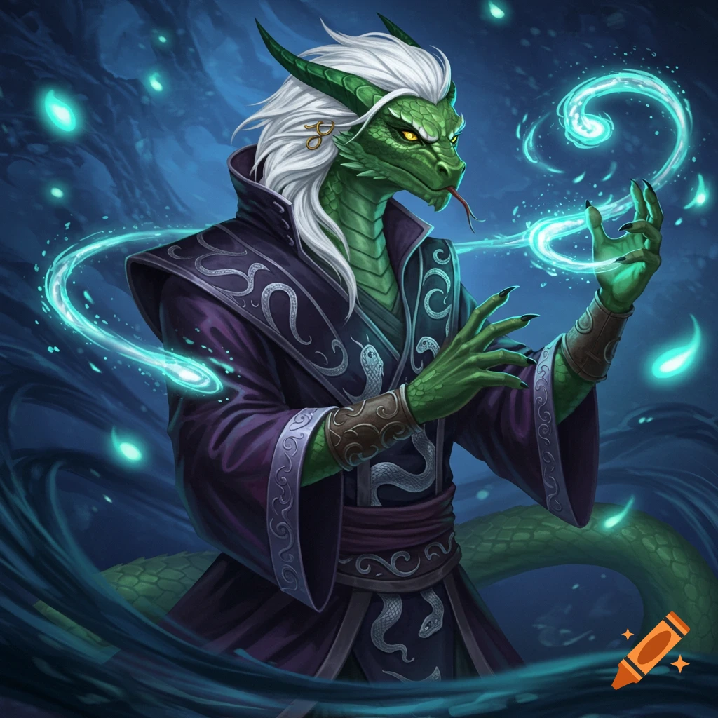 A green-scaled, white-haired Yuan-ti sorcerer casts a teal magic spell against a dark background in an illustrative style.