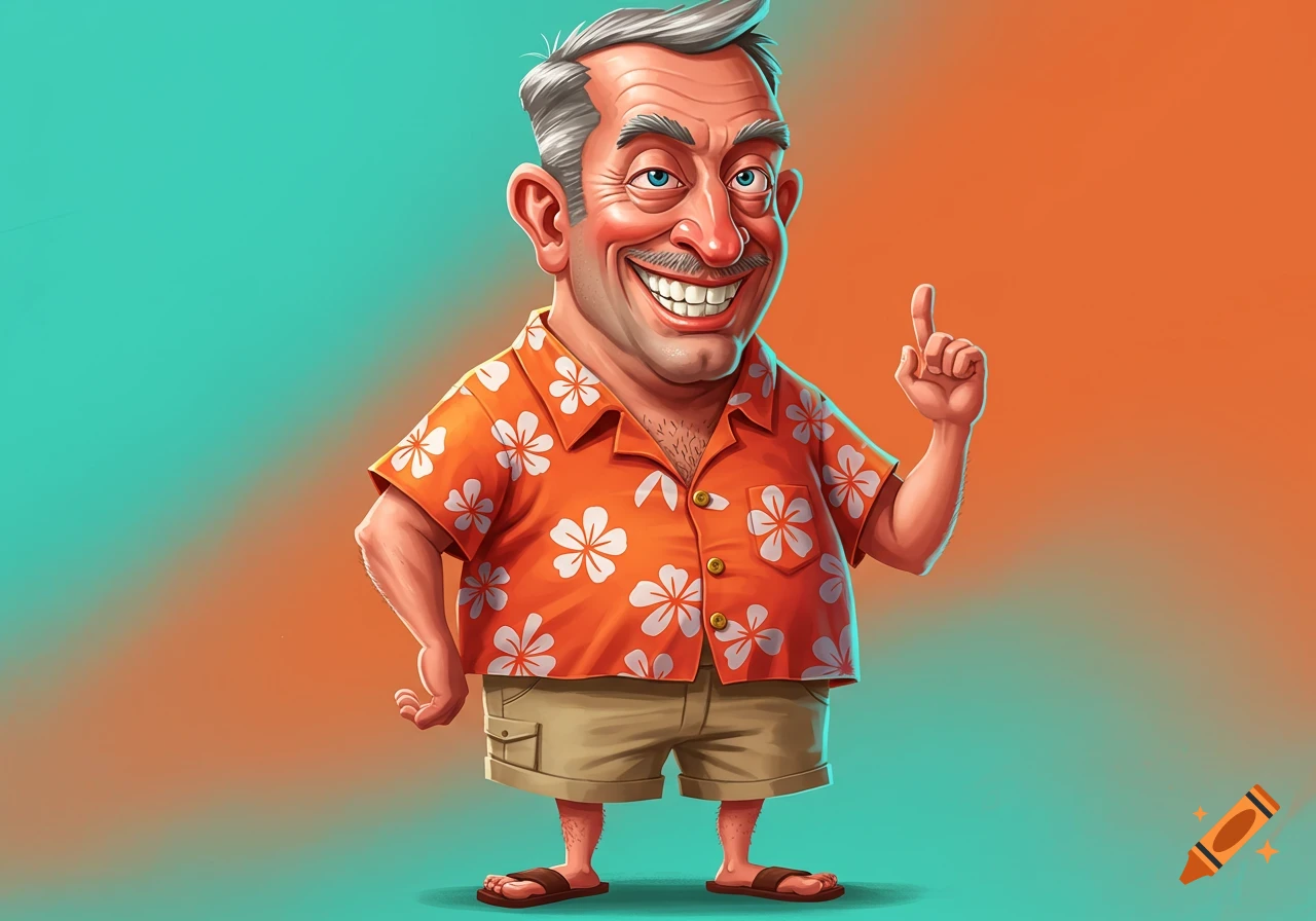 A smiling cartoon caricature of a man in an orange Hawaiian shirt and khaki shorts, pointing a finger up against a gradient background.