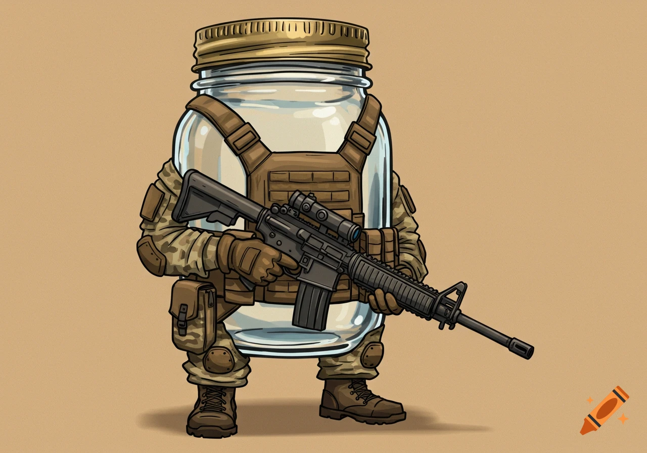 A cartoon mason jar wearing military camouflage gear and a tactical vest, holding a rifle, against a plain background.