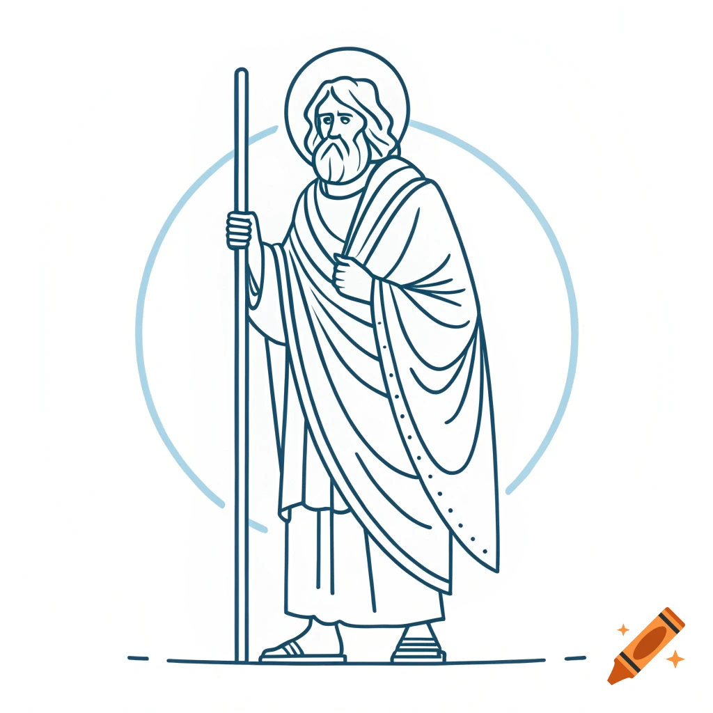 Outline illustration of a bearded man with a halo and staff, resembling a prophet in a robe.