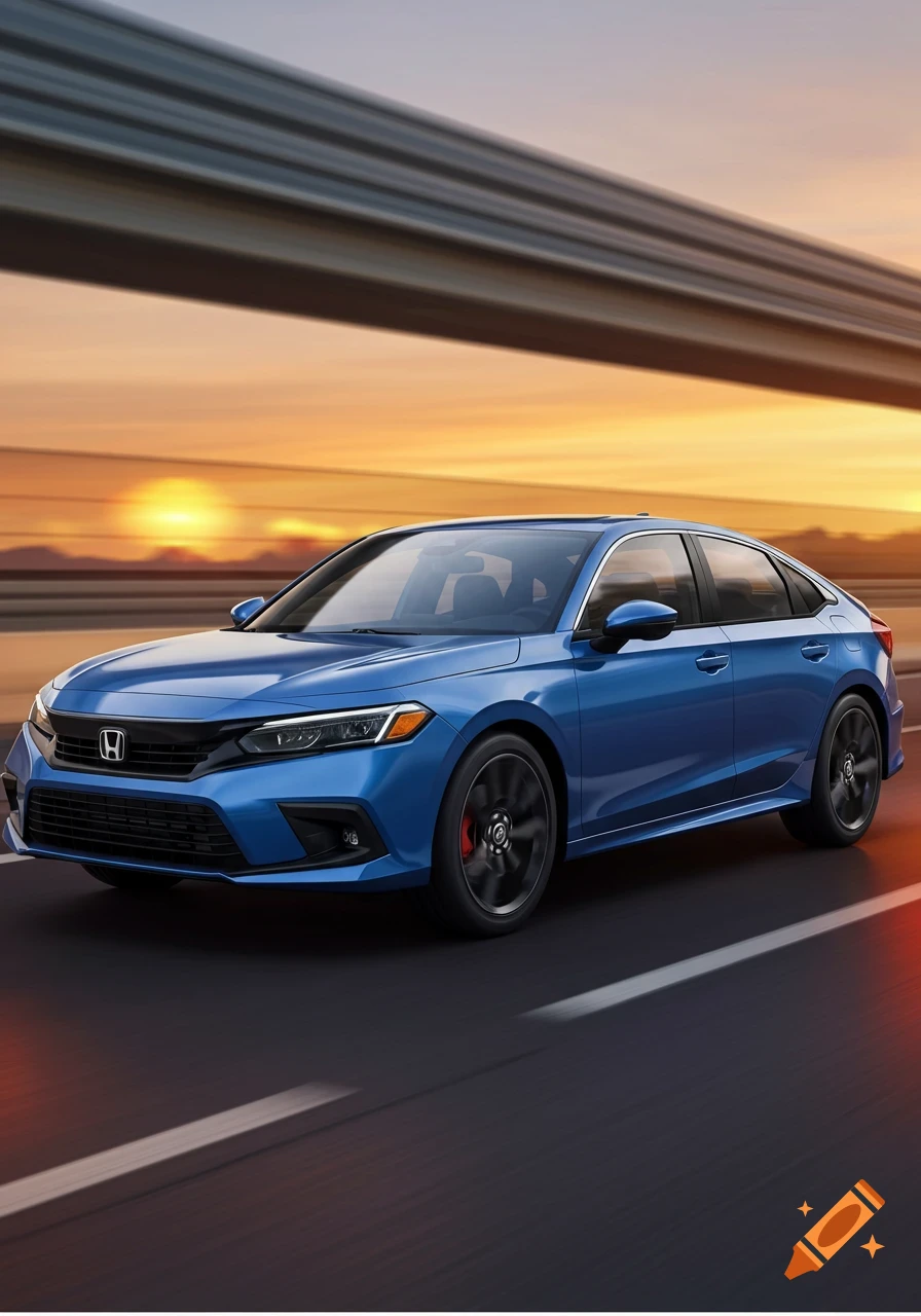 Blue Honda Civic driving on a highway at sunset, with motion blur on the road and an overpass visible.