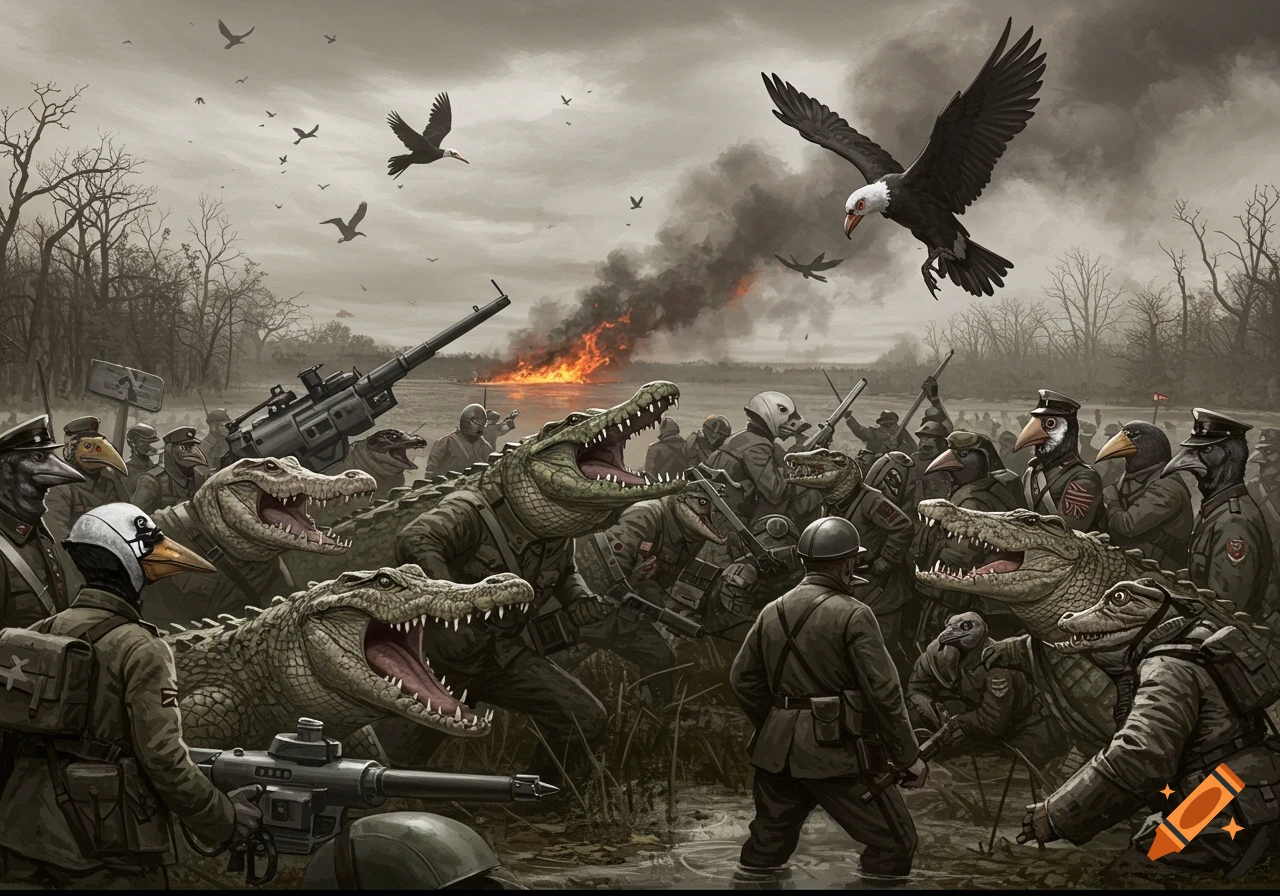 An epic battle between anthropomorphic crocodiles and birds in military uniforms, fighting in a swampy, war-torn landscape, with a large eagle flying overhead in a desaturated, gritty 1915-style.
