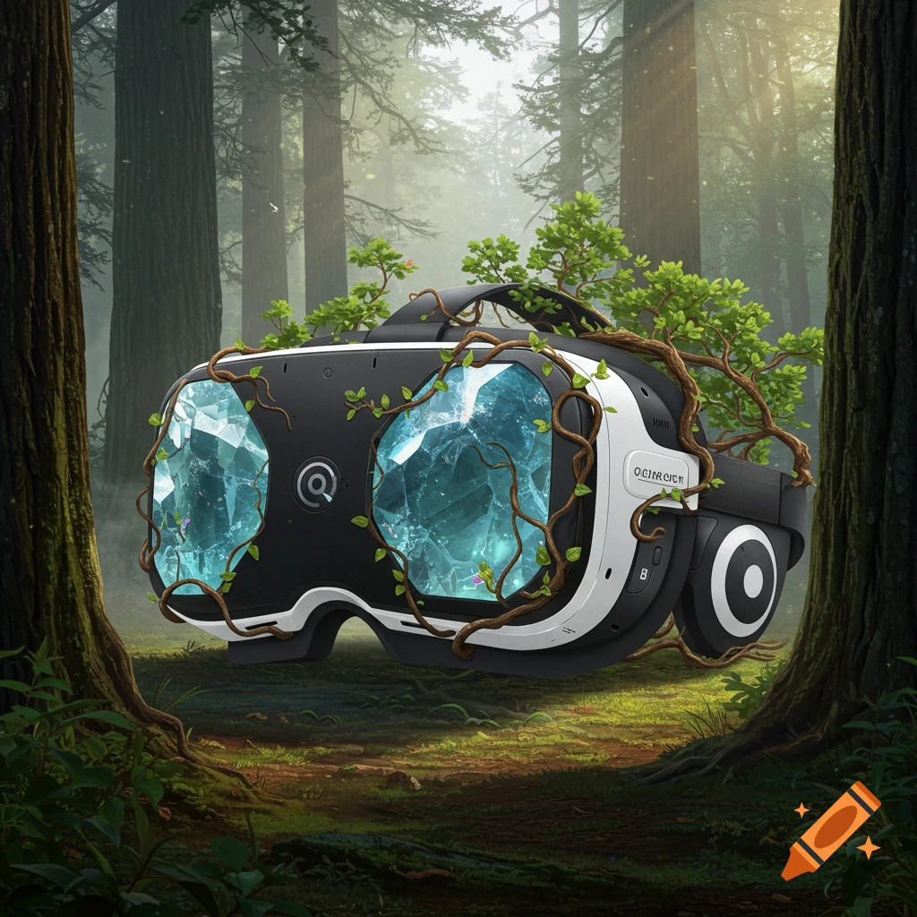 A black and white virtual reality headset with crystal lenses and green vines sits on a mossy forest floor amidst tall trees.
