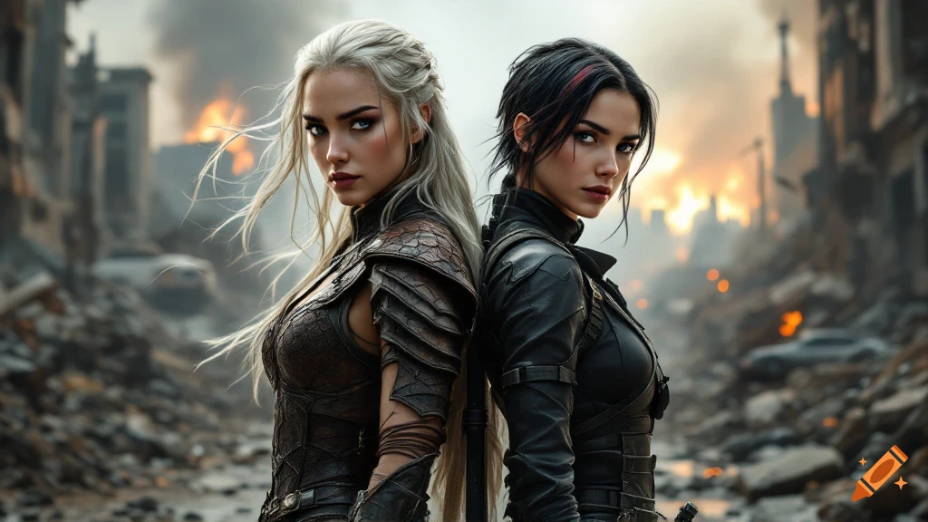Two determined women with long blonde and short dark hair stand back to back in a hyper-realistic, burning post-apocalyptic city.
