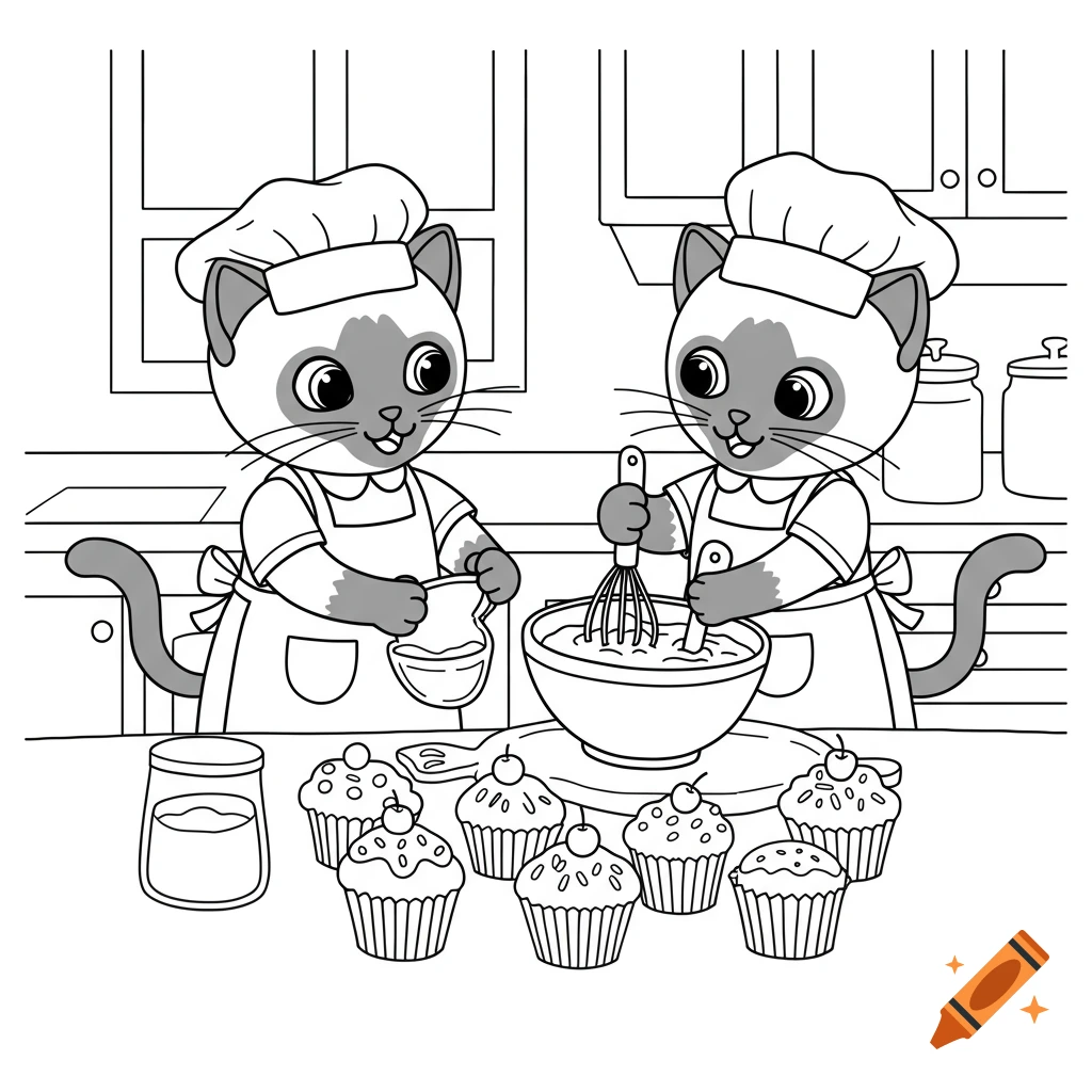 Black and white line art cartoon of two siamese cats in chef hats and aprons baking cupcakes in a kitchen.