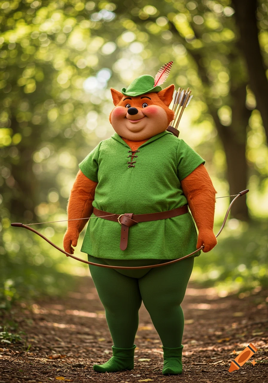 A plump anthropomorphic fox dressed as Robin Hood, with a green tunic and hat, holds a bow in a sunny forest.