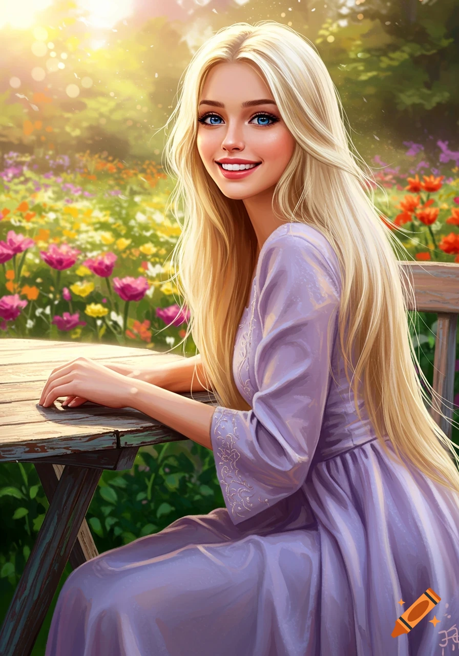 A smiling blonde woman in a purple dress sits at a wooden table in a vibrant, sunlit flower garden, digital art.