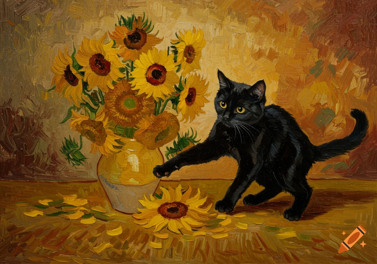 A black cat reaching for a sunflower next to a vase of sunflowers, in the style of Van Gogh.
