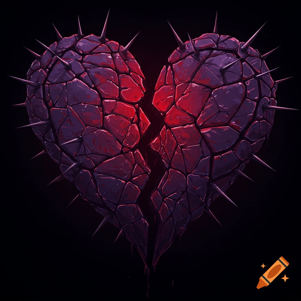 A broken heart shape made of dark purple and red cracked stone-like segments, adorned with sharp black thorns.