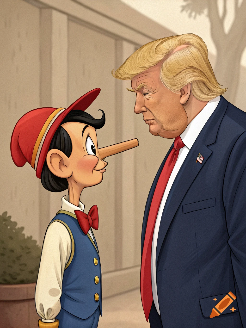 Cartoon of Pinocchio with a long nose looking at Donald Trump in a suit and red tie, in a caricature style.