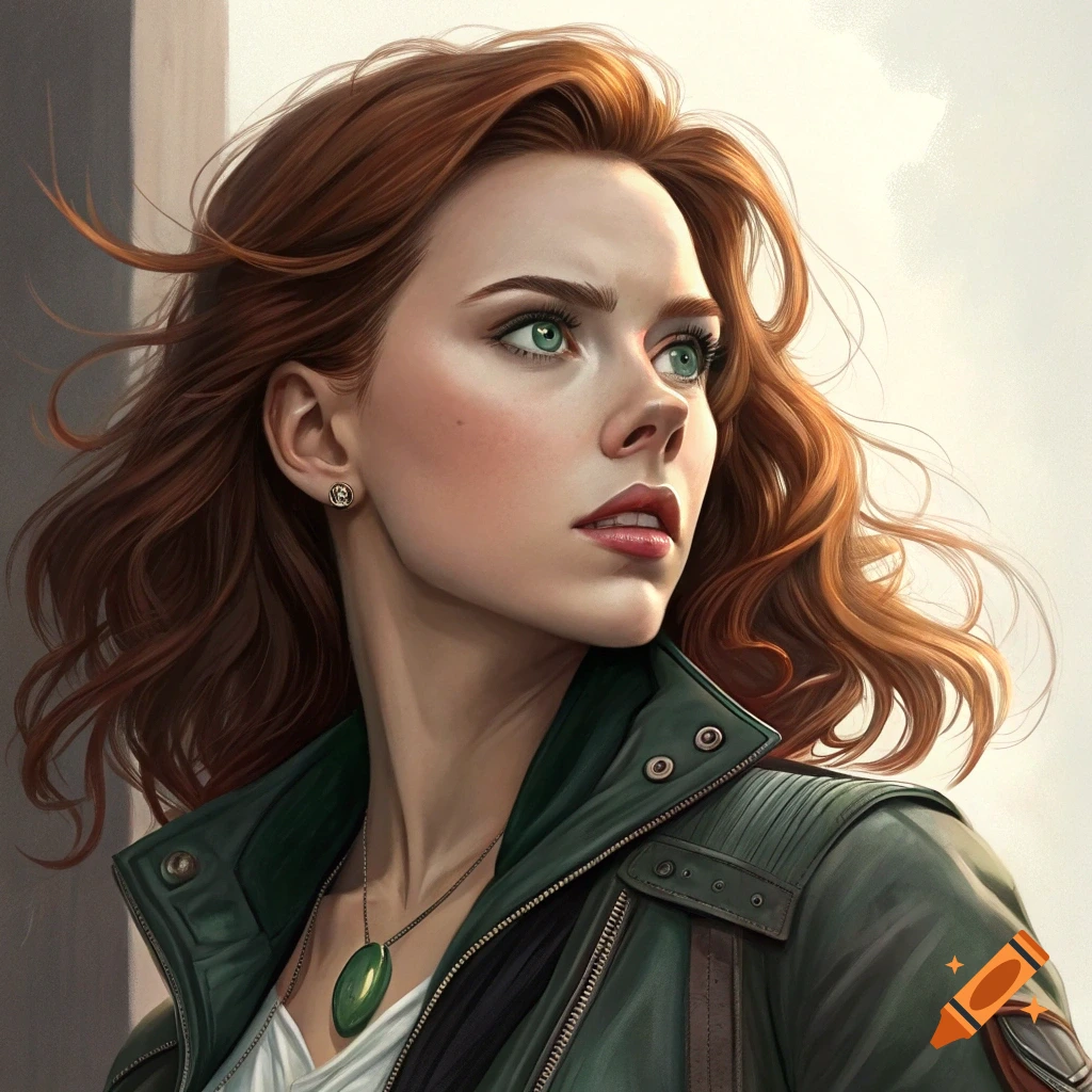 A photorealistic portrait of a woman with auburn hair and striking green eyes, wearing a green jacket and pendant, looking upwards.