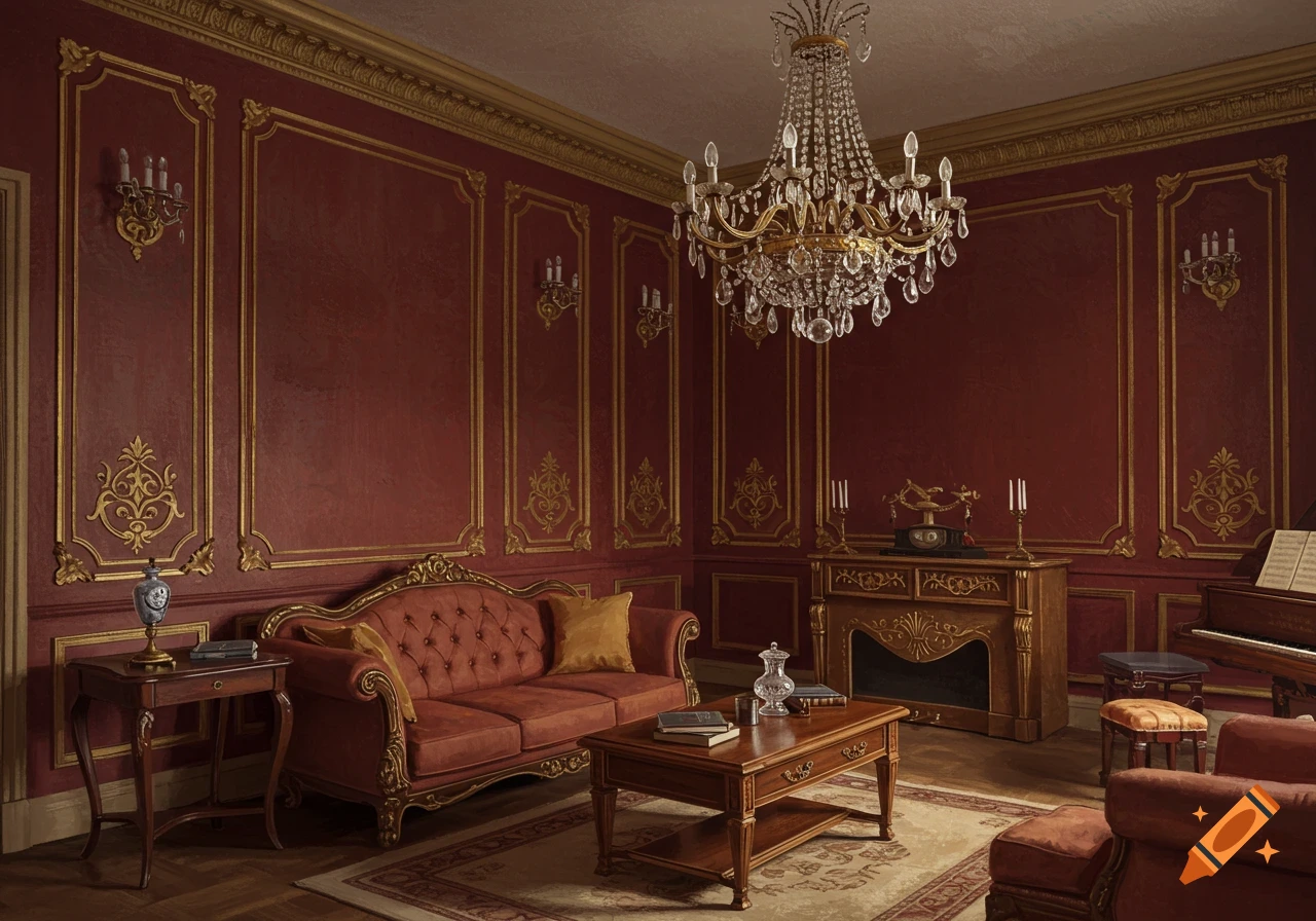 A luxurious Victorian lounge with deep red paneled walls adorned with gold trim, ornate antique furniture, and a grand crystal chandelier.