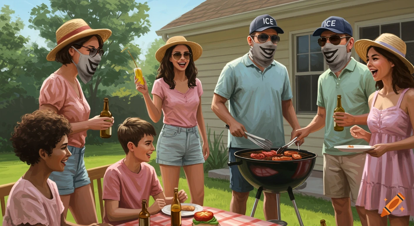 A family barbecuing in a backyard, with some adults wearing "ICE" caps and gaiter masks, depicted in a painted style.