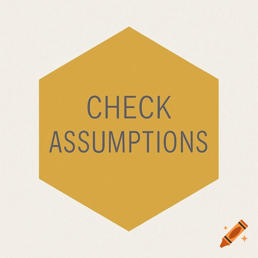 A mustard yellow hexagon with the words "CHECK ASSUMPTIONS" in gray capital letters on a light beige background.