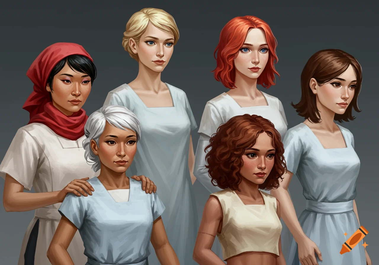 Illustration of six diverse women, some wearing square-neck dresses, one in a red headscarf, with various hair colors and styles, against a dark background.