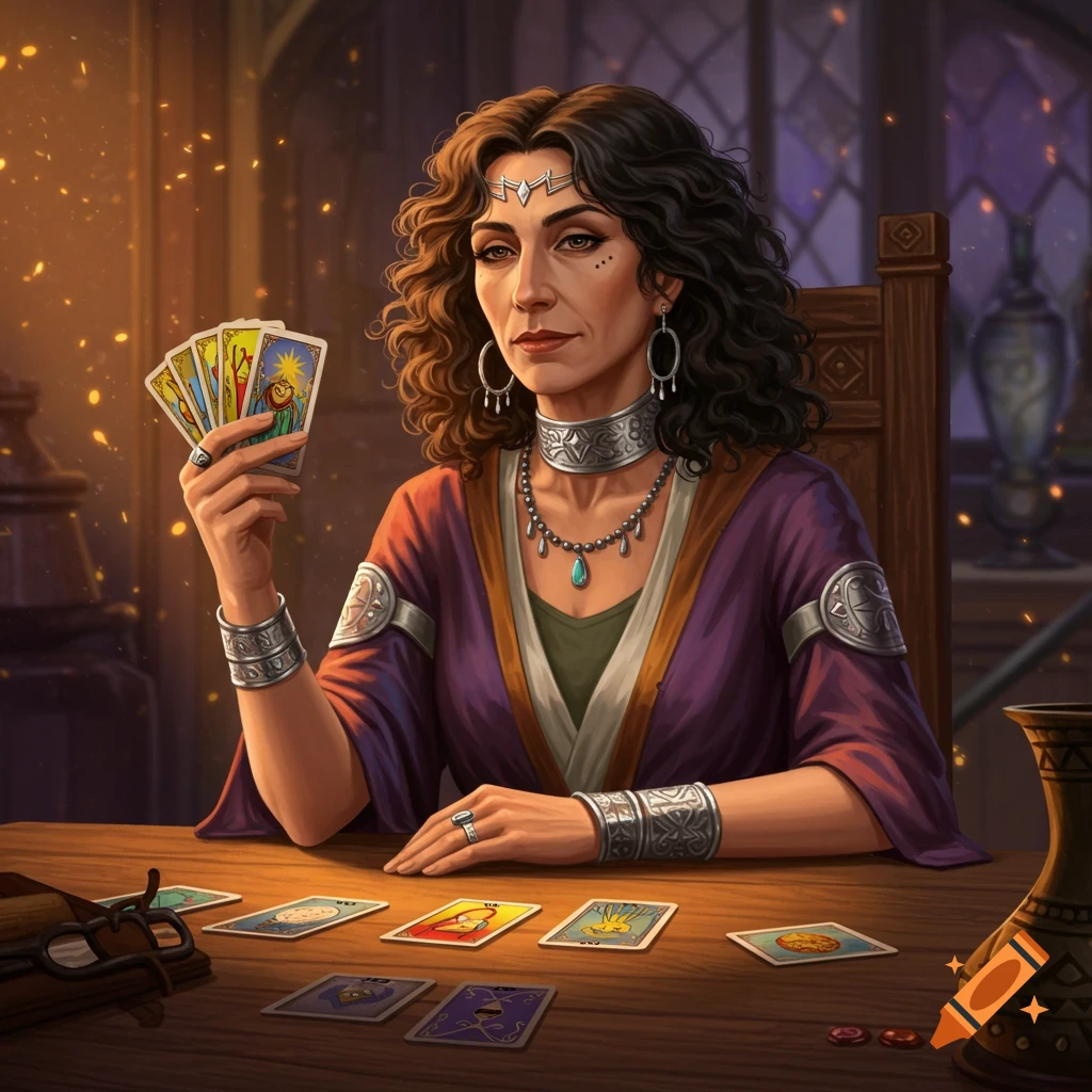 A mystical woman with dark curly hair and intricate jewelry holds tarot cards, with more cards laid out on a wooden table.