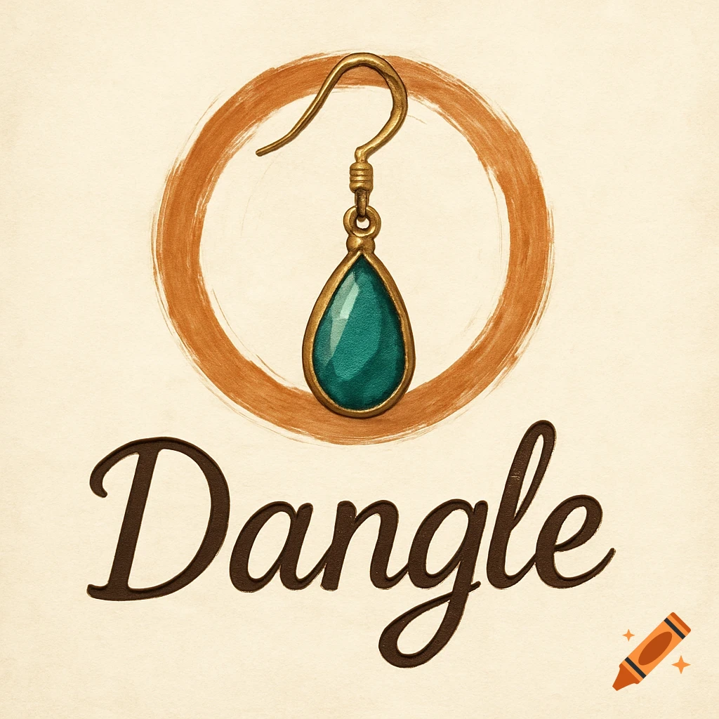 A gold earring with a teal teardrop gem, set above the word 'Dangle' in a script font, against a light background.