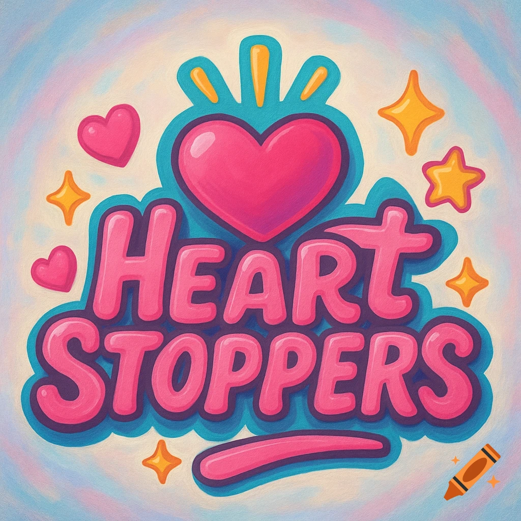 A vibrant pink and teal logo with bubbly text reading 'Heart Stoppers' surrounded by hearts and stars on a pastel background.